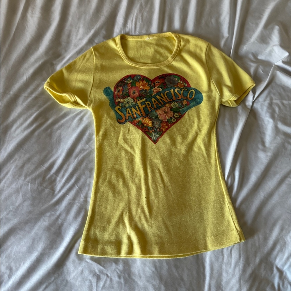 Vtg 70s San Francisco Floral Heart Souvenir Yellow Slim Fit Single Stitch